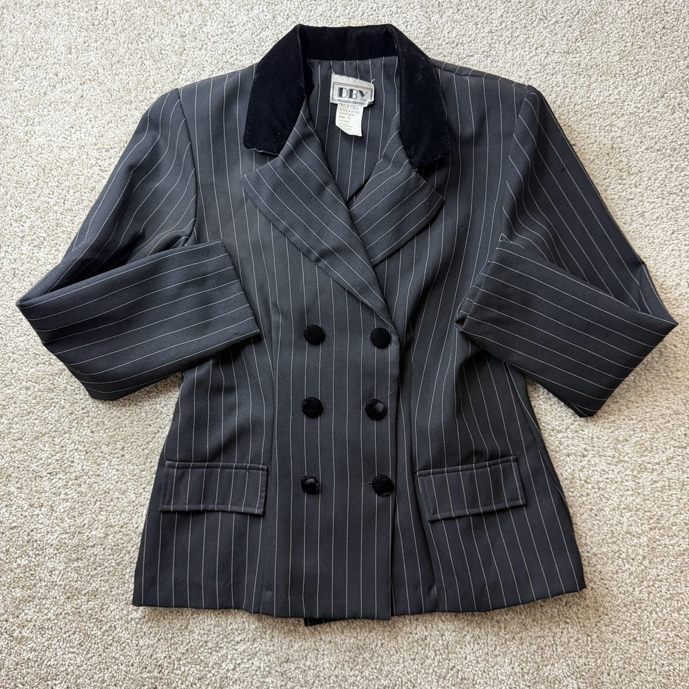 Vintage DBY Ltd. Blazer Jacket Womens 13 Black Pinstripe Velvet Collar Tuxedo